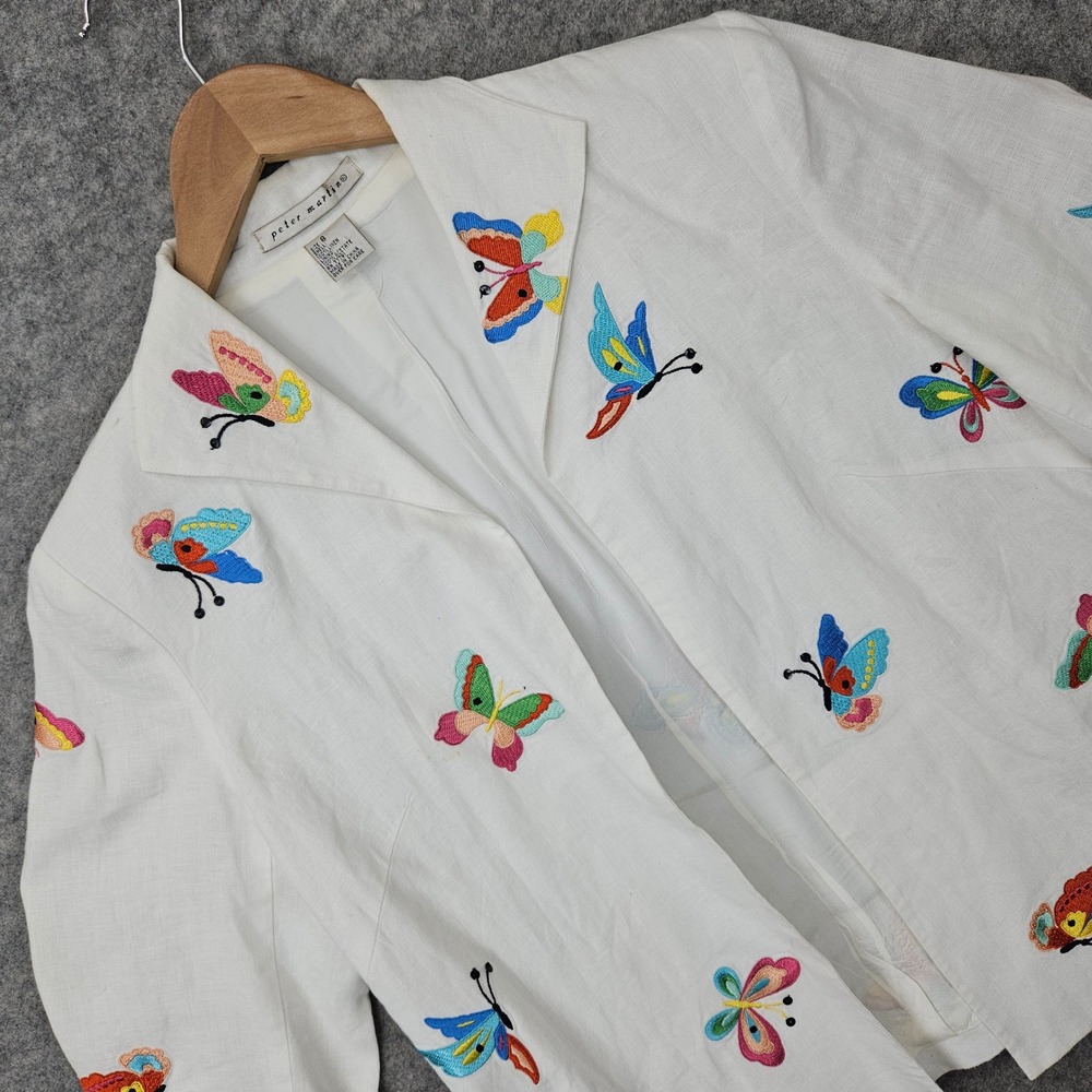Peter Martin Blazer Women's White Size 8 Linen Butterfly Embroidered Open SPOTS